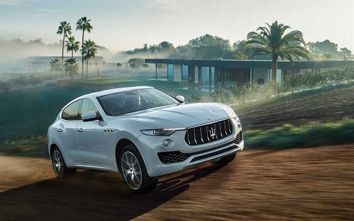 crossovers, speed, 2016, Maserati Levante, luxury cars, in motion, white Maserati
