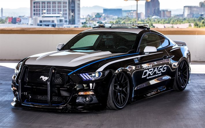 police cars, 2016, Ford Mustang, tuning, supercars, black Mustang