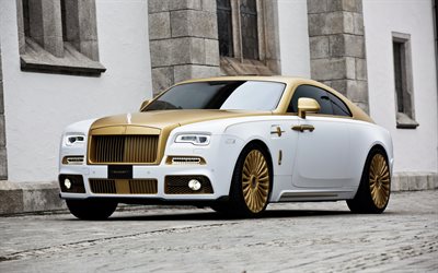 rolls-royce, wraith, mansory, coupé, luxus-autos, tuning, goldene haube, räder mit goldfarbenen felgen