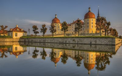 eski kaleler, kale, Gün batımı, akşam, Moritzburg Kalesi Moritzburg, Saksonya, Almanya