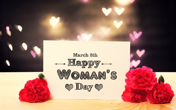 glad kvinnodag, 8 mars, rosa rosor, hjärtan, bokeh, internationella kvinnodagen