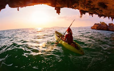 kayaking, girl on boat, kayak, sea, cliff