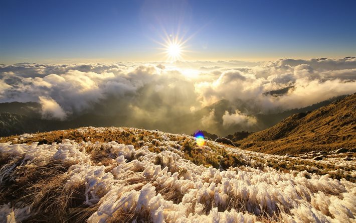 El Parque Nacional de Taroko, montaña, puesta del sol, nubes, Taiwán