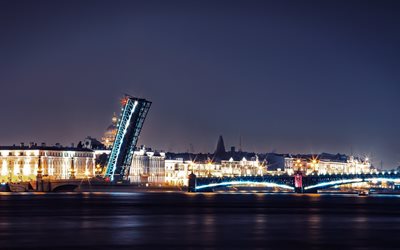 la noche, San Petersburgo, puente, luces, terraplén, Rusia