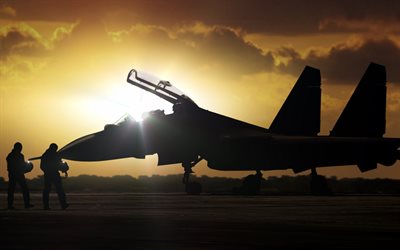 Su-30, combattente, piloti, l'aeroporto, il Flanker-C, tramonto