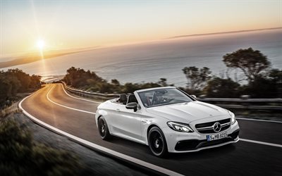 el movimiento de 2016, Mercedes-Benz C-Class Cabriolet, carretera, A205, blanco Mercedes