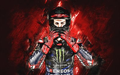 Fabio Quartararo, Monster Energy Yamaha MotoGP, French motorcycle racer, red stone background, Yamaha, MotoGP