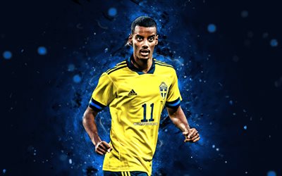 alexander isak, 4k, luzes de neon azul, equipe nacional de futebol da suécia, futebol, jogadores de futebol, antecedentes abstratos azuis, time de futebol sueco, alexander isak 4k