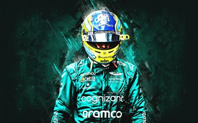 Fernando Alonso, Aston Martin Aramco-Mercedes, Spanish racing driver, F1, Aston Martin Formula 1, turquoise stone background, Formula 1, grunge art