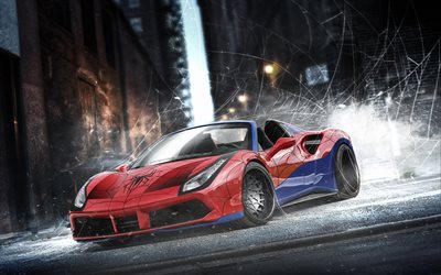 Ferrari Spiderman, supercars, art, red ferrari