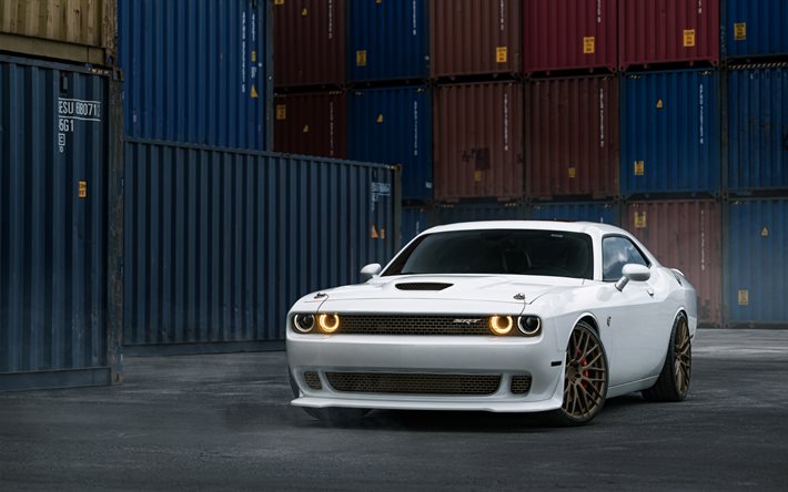 Dodge Challenger SRT, supercars, containers, white Dodge