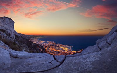 Monaco, 4k, panoramik, kayalar, Gün batımı