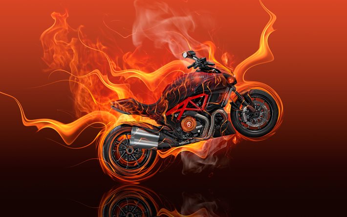 Ducati Diavel, 4k, 2016 bikes, art, flame