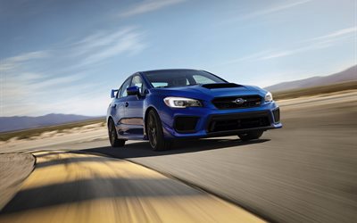 Subaru WRX STI, el movimiento, el 2018, los coches, la velocidad, la pista de carreras, azul subaru