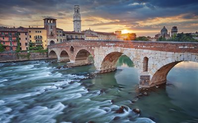 Vérone, coucher de soleil, tour, rivière, pont, Italie