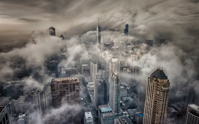 chicago, nebel, wolkenkratzer, metropole, illinois, usa