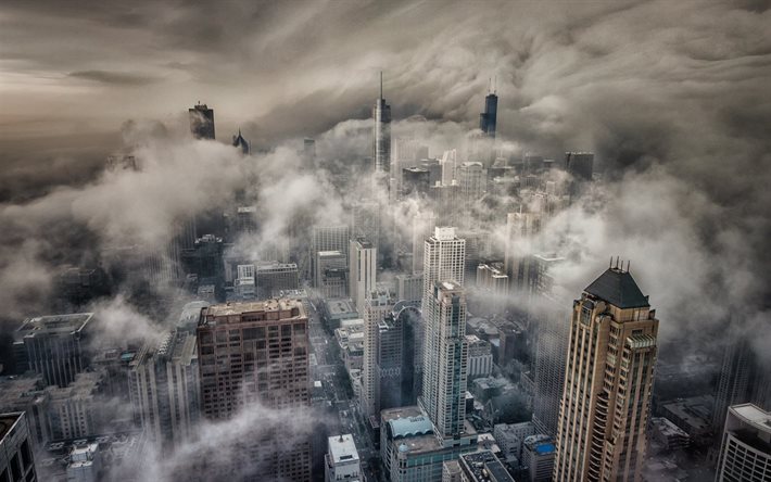 Chicago, mist, skyscrapers, metropolis, Illinois, USA