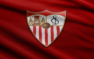 sévilla fc fabric logo, 4k, contexte de tissu rouge, la ligue, bokeh, football, logo sevilla fc, emblème du sévilla fc, séville fc, club de football espagnol