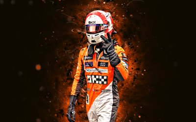 Lando Norris, 4k, orange neon lights, McLaren Racing, British racing drivers, McLaren-Mercedes, Formula 1, McLaren, Formula One, orange abstract background, F1, Lando Norris McLaren