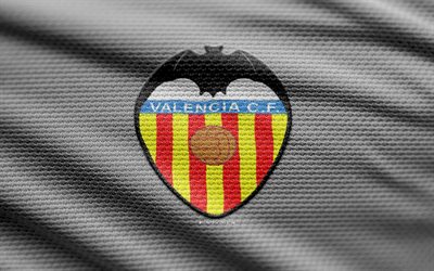 valencia cf fabric logo, 4k, sfondo in tessuto bianco, laliga, bokeh, calcio, logo valencia cf, valencia cf emblem, valencia cf, club di calcio spagnolo, valencia fc