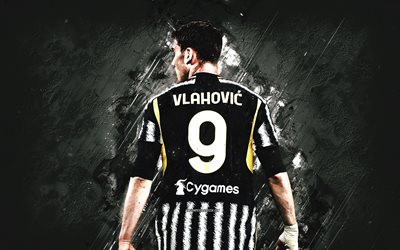 Dusan Vlahovic, Juventus FC, Serbian football player, white stone background, Juventus, Serie A, grunge art, Italy, Juve