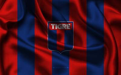 4k, ca tigre logo, نسيج حرير أحمر أزرق, فريق كرة القدم الأرجنتين, ca tigre emblem, قسم الأرجنتين بريميرا, كاليفورنيا تيغري, الأرجنتين, كرة القدم, العلم ca tigre, تيغري fc