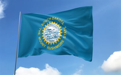 South Dakota flag on flagpole, 4K, american states, blue sky, flag of South Dakota, wavy satin flags, South Dakota flag, US States, flagpole with flags, United States, Day of South Dakota, USA, South Dakota
