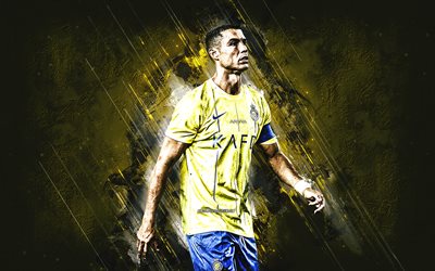cristiano ronaldo, cr7, al nassr fc, portugiesischer fußballer, gelber steinhintergrund, fußball, saudi arabien