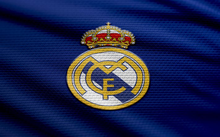 レアルマドリードファブリックロゴ, 4k, 青い生地の背景, ラリガ, ボケ, サッカー, レアルマドリードのロゴ, フットボール, レアルマドリードのエンブレム, スペインのフットボールクラブ, レアル・マドリードcf, レアルマドリードfc