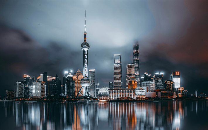 4k, Shanghai, nightscapes, reflection, chinese cities, China, skyscrapers, skyline cityscapes, Shanghai at night, Asia, Shanghai panorama, Shanghai cityscape