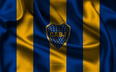 4k, boca juniors  logo, sininen keltainen silkkikangas, argentiinan jalkapallojoukkue, boca juniors  tunnus, argentiina primera  divisioona, boca  juniorit, argentiina, jalkapallo, boca juniors  lippu, boca juniors fc