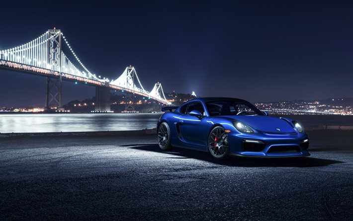 Porsche Cayman GT4, la noche, supercars, un puente, un caimán azul