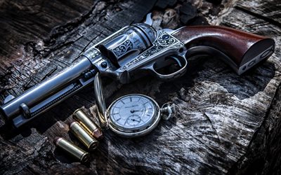revólver, 4k, reloj antiguo, el de la pistola, las balas