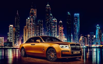 रोल्स रॉयस भूत, 4k, महंगी कार, 2023 कारें, दुबई, एचडीआर, रात का, 2023 रोल्स रॉयस घोस्ट, ब्रिटिश कारें, रोल्स रॉयस