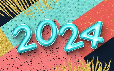 2024 frohes neues jahr, 4k, blaue realistische luftballons, 2024 konzepte, goldene palmen, 2024 luftballons ziffern, frohes neues jahr 2024, kreativ, 2024 blaue ziffern, 2024 bunter hintergrund, 2024 jahr, 2024 3d  ziffern