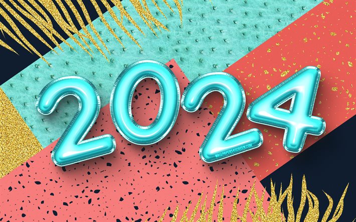 4k, balões realistas azuis, palmeiras douradas, 2024 balões dígitos, feliz ano novo 2024, criativo, 2024 dígitos 3d