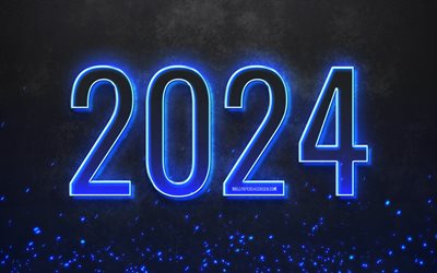 Happy New Year 2024, 4k, blue neon digits, 2024 year, 2024 3D digits, artwork, 2024 concepts, 2024 Happy New Year, grunge art, 2024 blue background