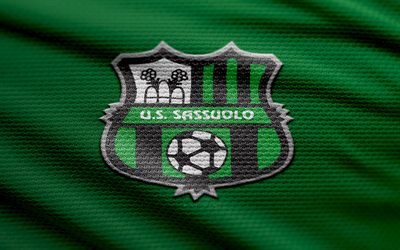 US Sassuolo fabric logo, 4k, green fabric background, Serie A, bokeh, soccer, US Sassuolo logo, football, US Sassuolo emblem, US Sassuolo, Italian football club, Sassuolo FC