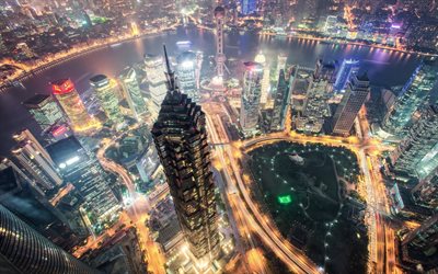 jin mao kulesi, şangay, gece, gökdelenler, üstten görünüm, şangay panorama, şangay şehir manzarası, jinmao binası, jinmao kulesi, çin