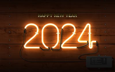 2024 Happy New Year, 4k, neon lights, 2024 light background, 2024 concepts, Happy New Year 2024, wooden background