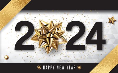 Happy New Year 2024, 4k, golden bow, 2024 backgrounds, 2024 concepts, 2024 greeting card, 2024 Happy New Year