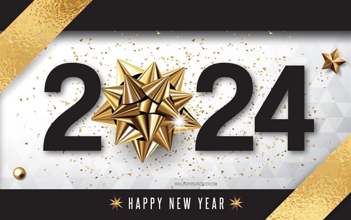 hyvää uutta vuotta 2024, 4k, kultainen keula, 2024 tausta, 2024 käsitteet, 2024  onnittelukortti, 2024 hyvää uutta vuotta