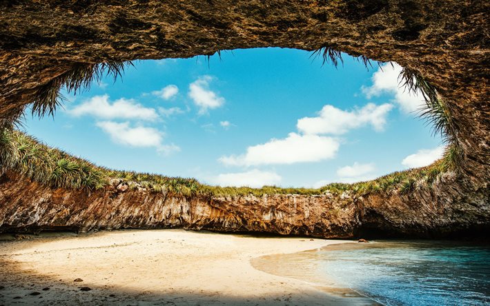 ビーチが大好きです, 4k, パラダイス, マリエタス諸島, メキシコのランドマーク, メキシコ, 空のビーチ, 美しい自然