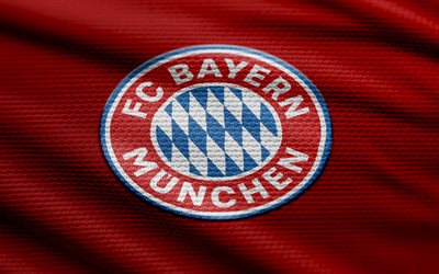 FC Bayern Munich fabric logo, 4k, red fabric background, Bundesliga, bokeh, soccer, FC Bayern Munich logo, football, FC Bayern Munich emblem, FC Bayern Munich, german football club, Bayern Munich FC