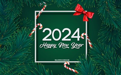 2024 bonne année, fond vert, cadre de noël, 2024 carte de vœux, 2024 concepts, branches d'arbre de noël, bonne année 2024, 2024 défenses de noël, noël