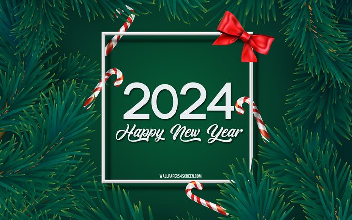 2024 felice anno nuovo, sfondo verde, frame di natale, 2024 biglietto di auguri, 2024 concetti, rami dell'albero di natale, felice anno nuovo 2024, 2024 sfondi di natale, natale