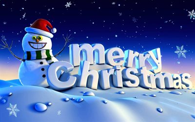 Merry Christmas, snow, winter, snowman, 3d letters, New Year, Christmas