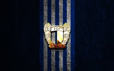 FC Famalicao golden logo, 4k, blue stone background, Primeira Liga, Portugalese football club, FC Famalicao logo, soccerFC Famalicao Benfica emblem, Liga Portugal, Famalicao FC, football, FC Famalicao