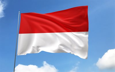 drapeau indonésien sur mât, 4k, pays asiatiques, ciel bleu, drapeau de l'indonésie, drapeaux de satin ondulés, drapeau indonésien, symboles nationaux indonésiens, mât avec des drapeaux, jour de l'indonésie, asie, indonésie