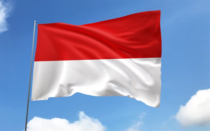 indonesian lippu lipputankoon, 4k, aasian maat, sinitaivas, indonesian lippu, aaltoilevat satiiniliput, indonesian kansalliset symbolit, lipputanko lipuilla, indonesian päivä, aasia, indonesia